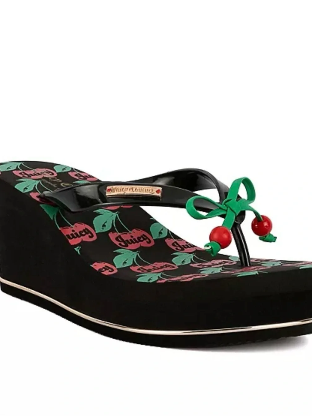 NWT Juicy Couture Black Wedge Flip Flops with Red Cherry Accents - Picture 2 of 6